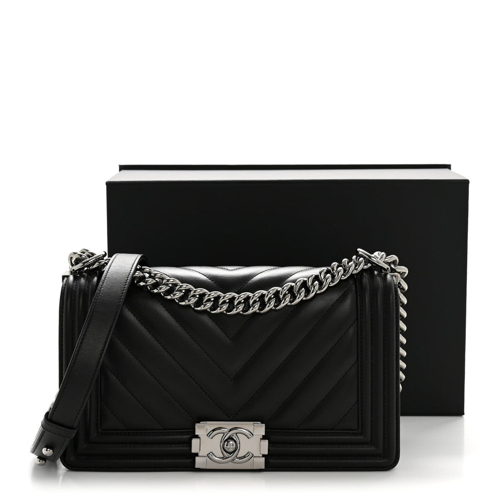 Chanel Lambskin Chevron Quilted Medium Boy Flap Black