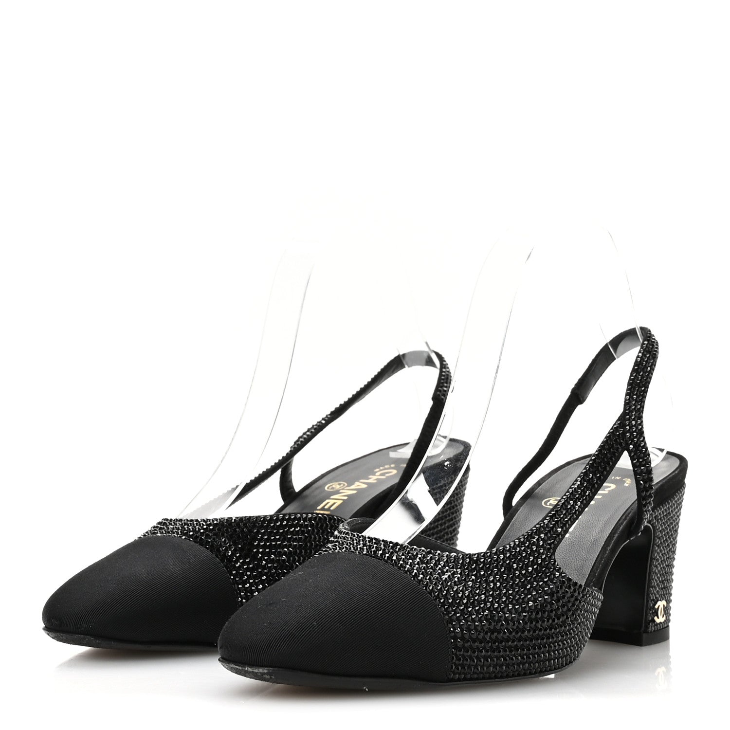 Chanel Strass Grosgrain Cap Toe CC Slingback Pumps 39 Black