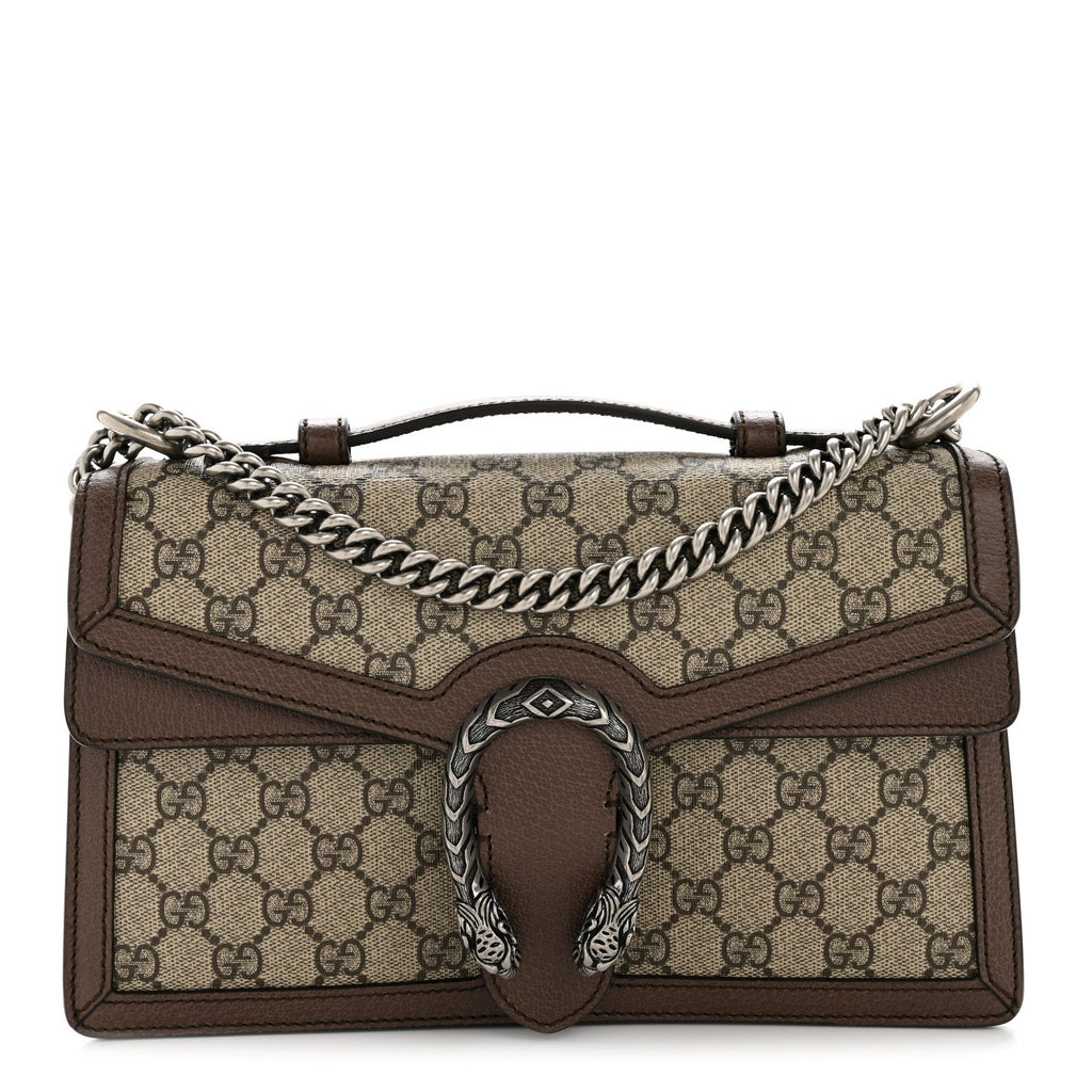 Gucci GG Supreme Monogram Textured Dollar Calfskin Top Handle Dionysus Shoulder Bag Beige Ebony New Acero