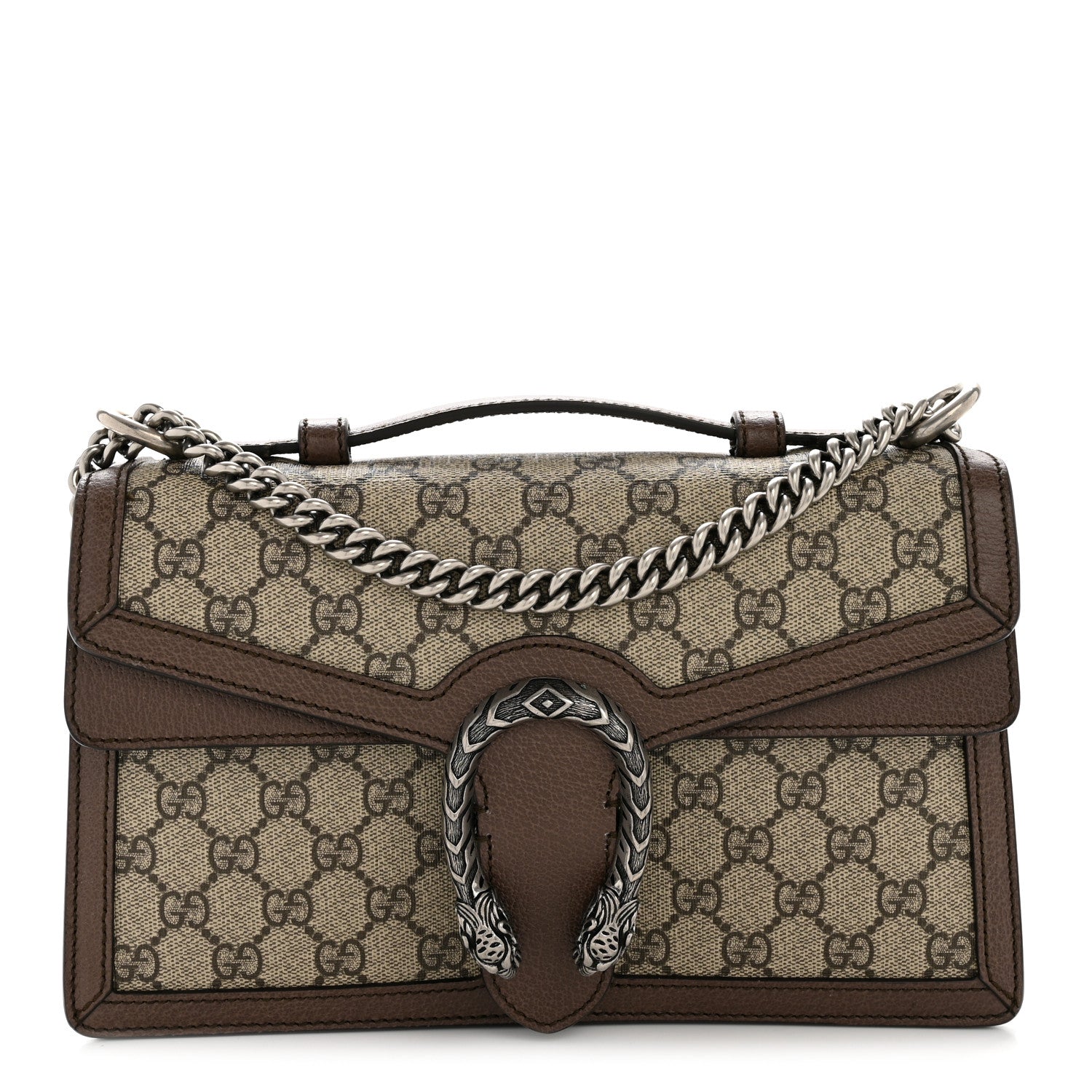 Gucci GG Supreme Monogram Textured Dollar Calfskin Top Handle Dionysus Shoulder Bag Beige Ebony New Acero