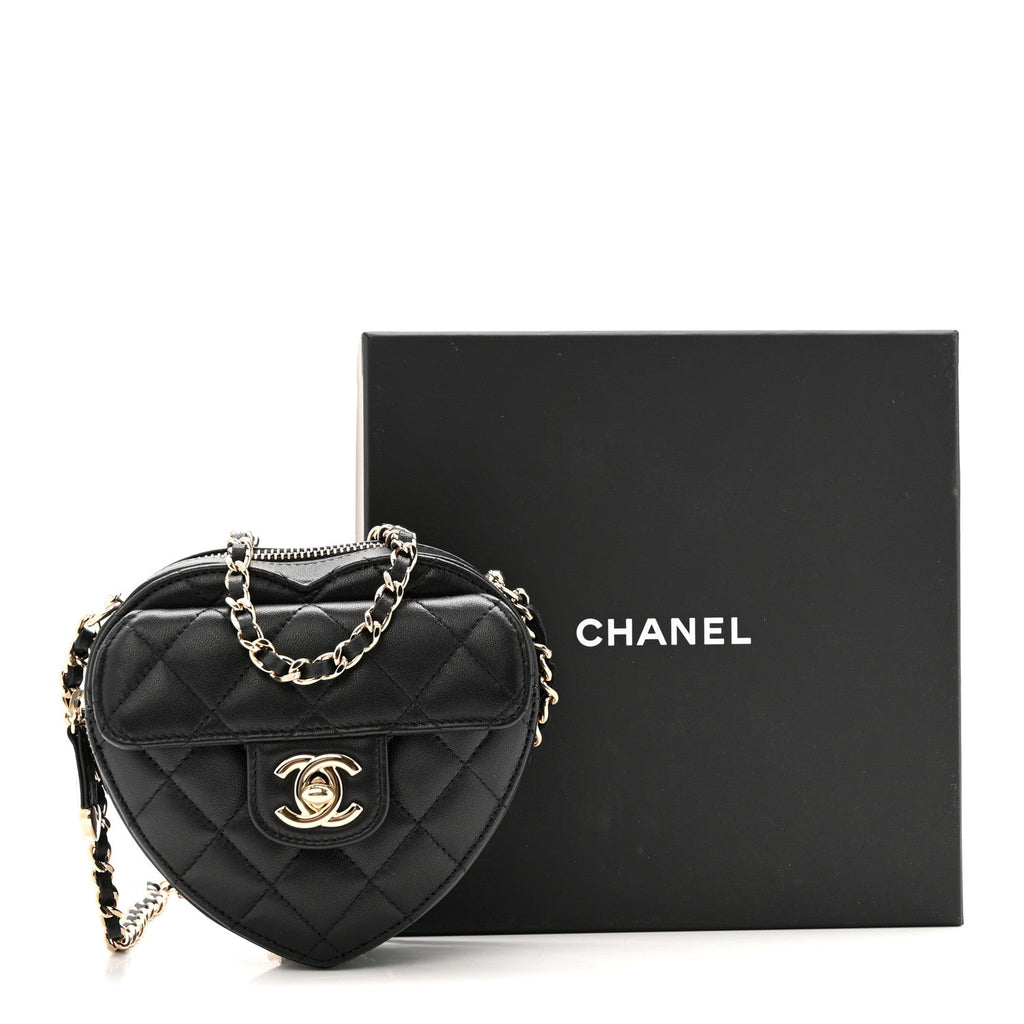 Chanel Lambskin Quilted CC In Love Heart Clutch With Chain Black