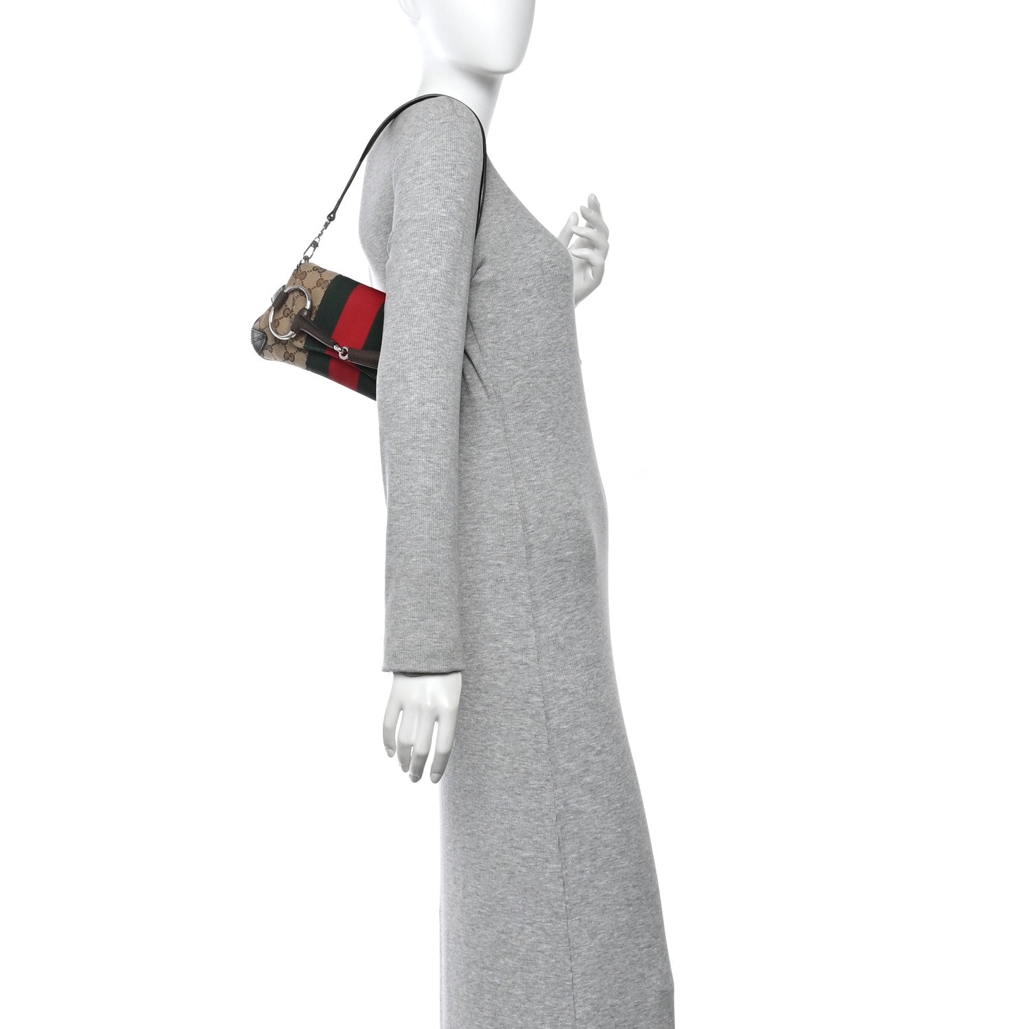 Gucci Monogram Textured Dollar Calfskin Heavy Grosgrain Web Small Maxi Horsebit Chain Shoulder Bag Beige Ebony New Acero