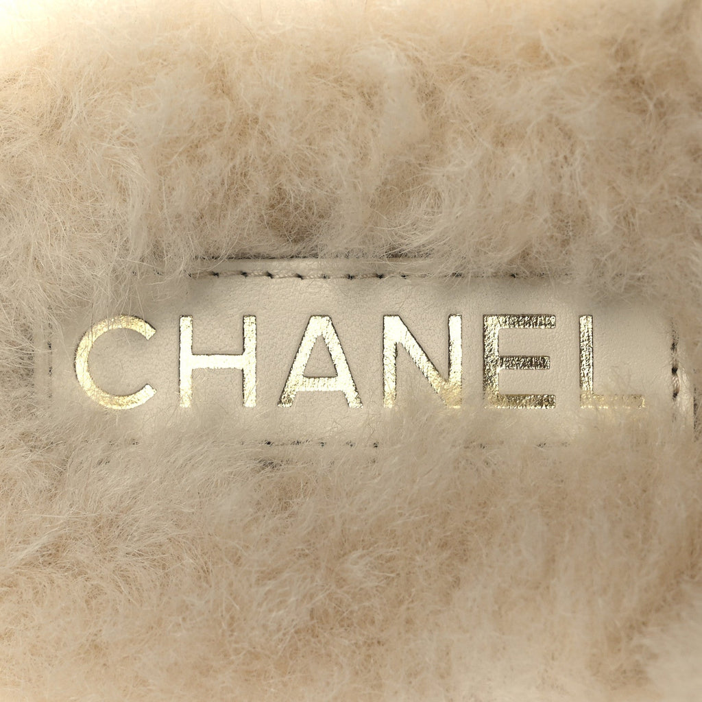 Chanel Suede Shearling CC Cap Toe Mules 38.5 Beige Black