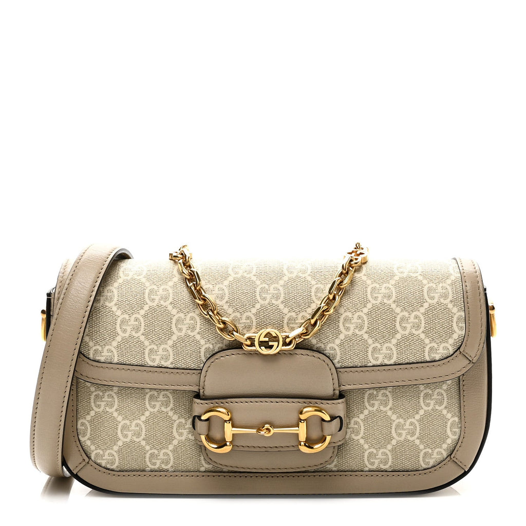 Gucci GG Supreme Monogram Small Horsebit 1955 Chain Shoulder Bag Beige Mystic White