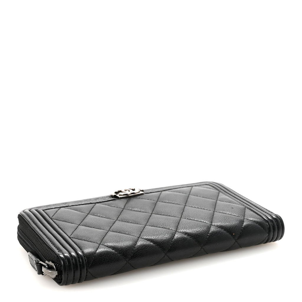 Lambskin Quilted Boy Zip Around Wallet Black