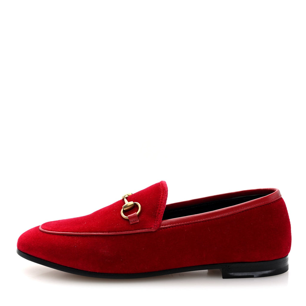 Gucci Velvet Horsebit Womens Jordaan Loafers 37 Hibiscus Red