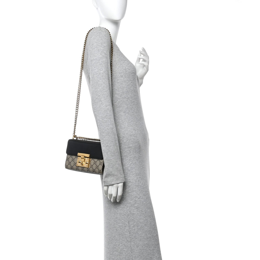Gucci GG Supreme Monogram Calfskin Small Padlock Shoulder Bag Beige Black Cuir