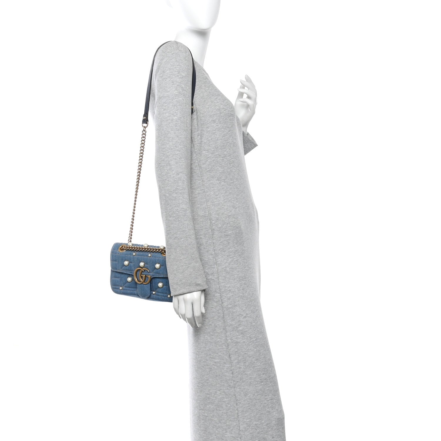 Gucci Denim Matelasse Pearl Studded Mini GG Marmont Shoulder Bag Blue