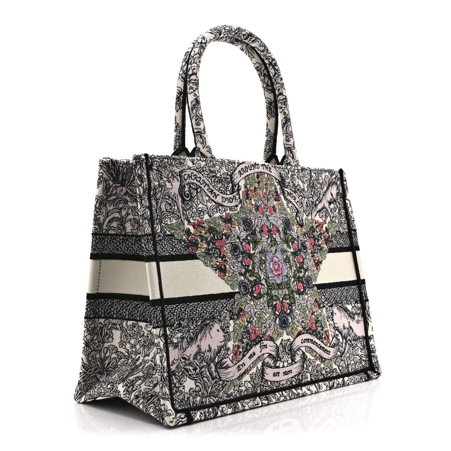 Christian Dior Canvas Embroidered Medium Book Tote White Multicolor