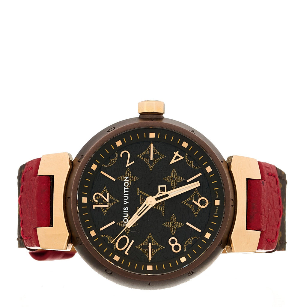 Louis Vuitton Stainless Steel 18K Rose Gold Monogram 34mm Tambour Quartz Watch Brown