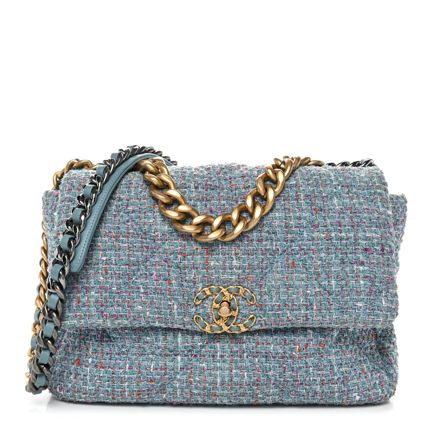 Chanel Tweed Quilted Large Chanel 19 Flap Blue Multicolor