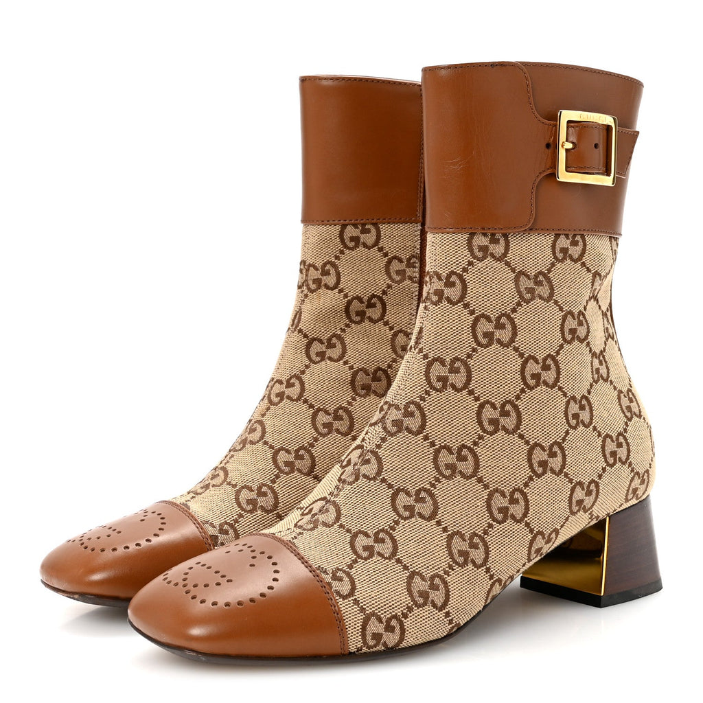 Gucci Monogram Cordovan Lux GG Ankle Boots 35 Beige Cuir