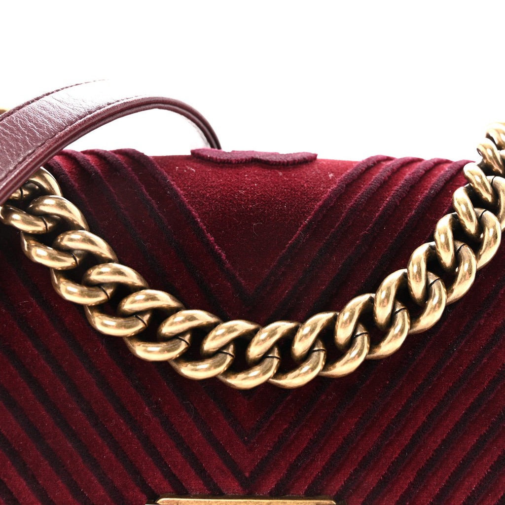 Chanel Velvet Chevron Quilted Small Boy Flap Burgundy