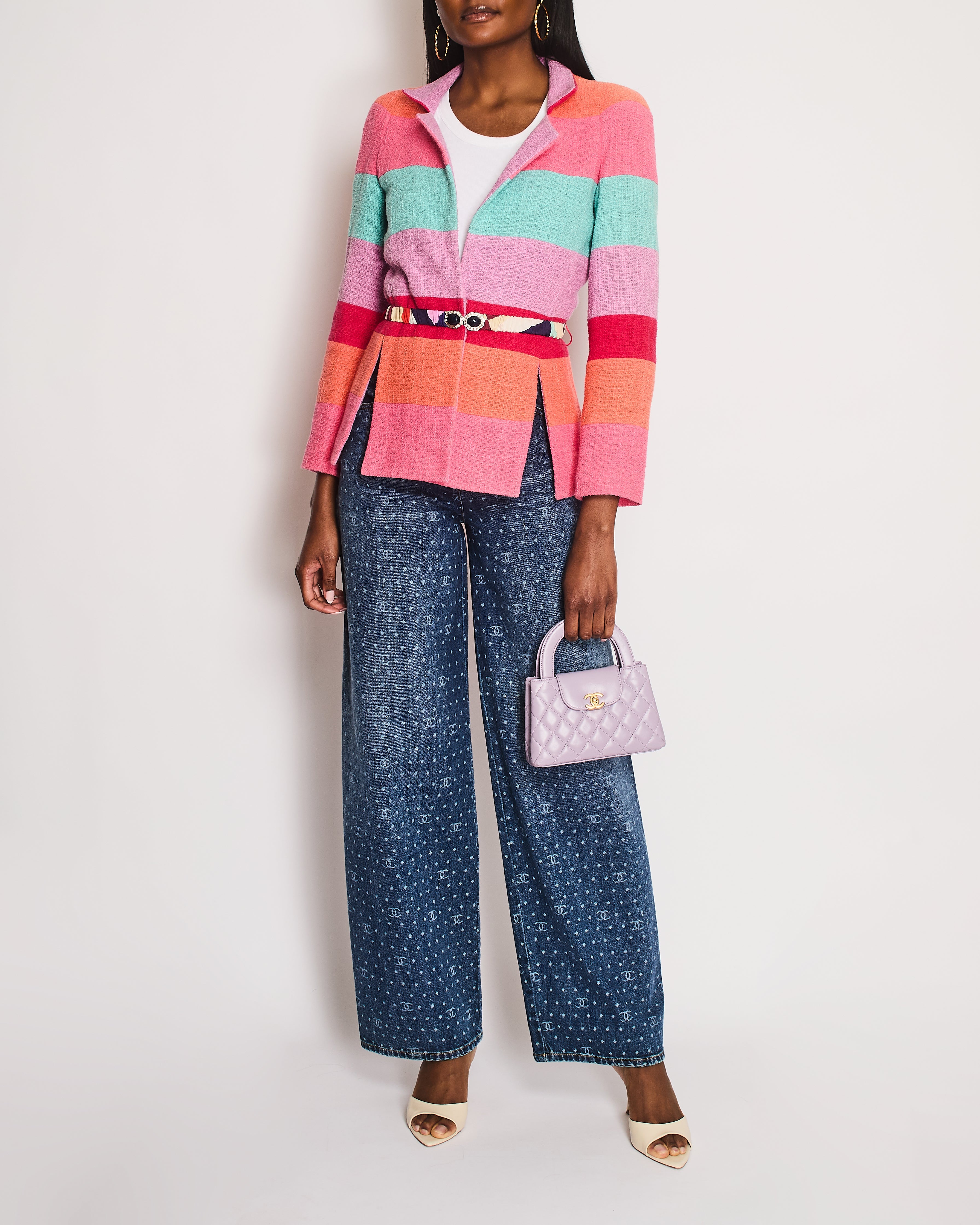 Chanel Cruise 2016 Multi-Coloured Tweed Jacket With Matching Rushed Silk Belt Size FR 36 (UK 8)