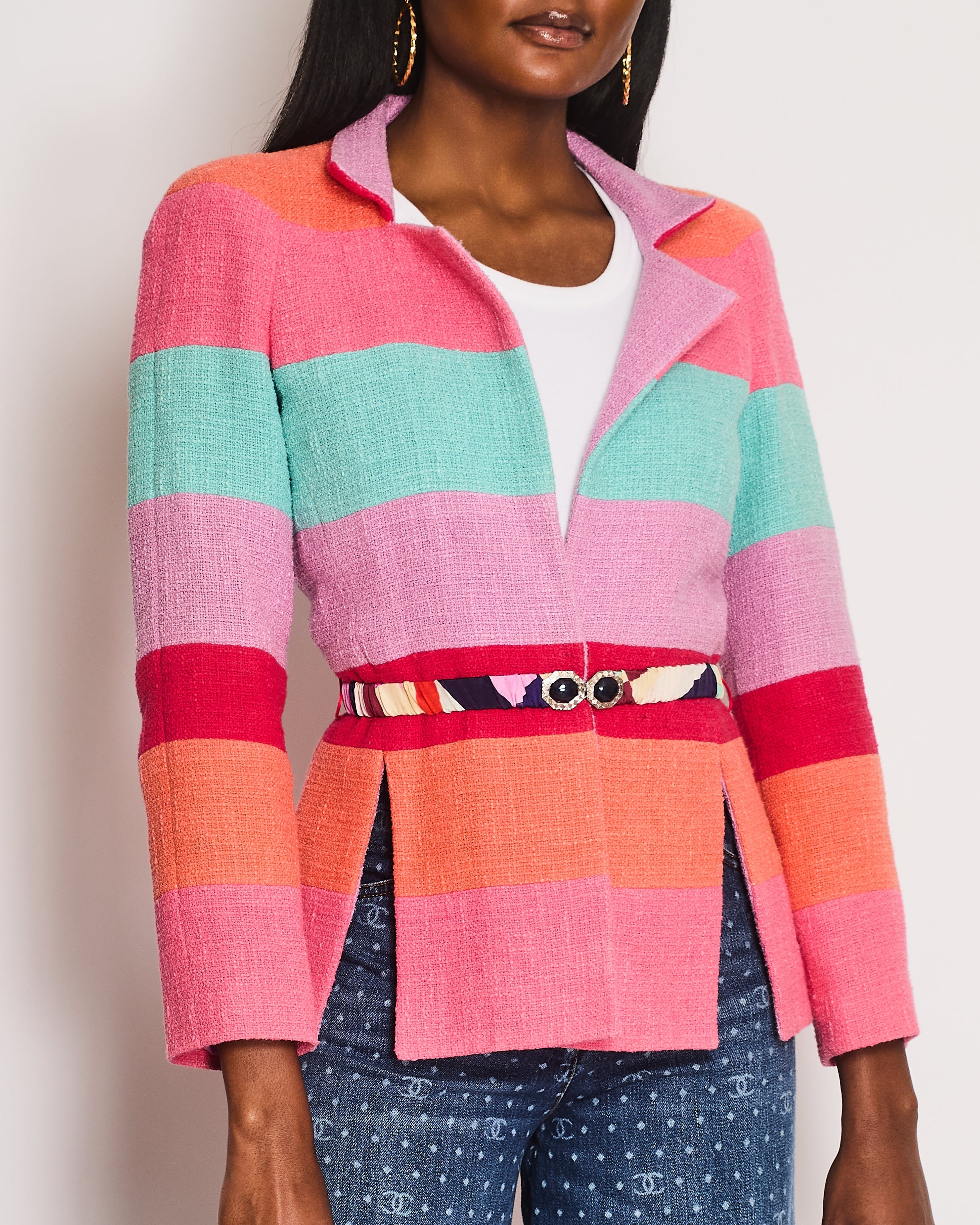 Chanel Cruise 2016 Multi-Coloured Tweed Jacket With Matching Rushed Silk Belt Size FR 36 (UK 8)