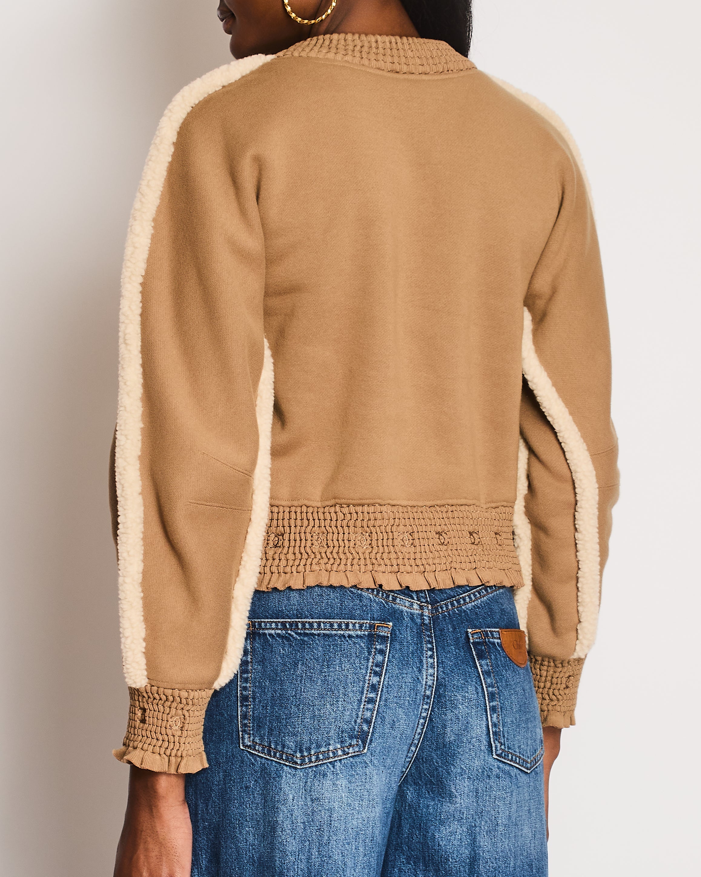 Chanel 24K Beige Cotton With CC Logo Shearling Details Jumper With Rushed CC Trim Details Size FR 36 (UK 8)