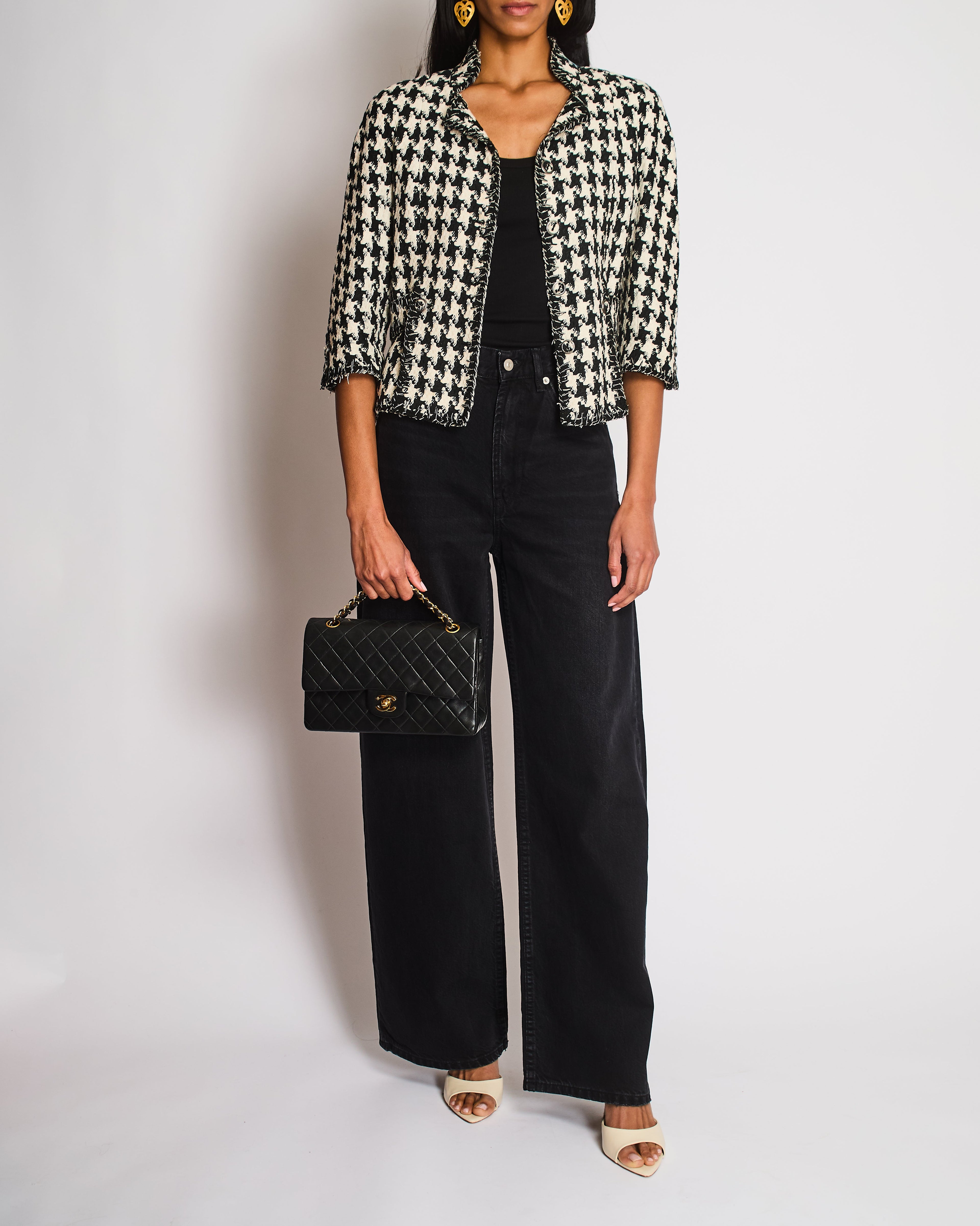 Chanel 08P Houndstooth Beige and Black Tweed Jacket With 3/4 Sleeves Size FR 36 (UK 8)