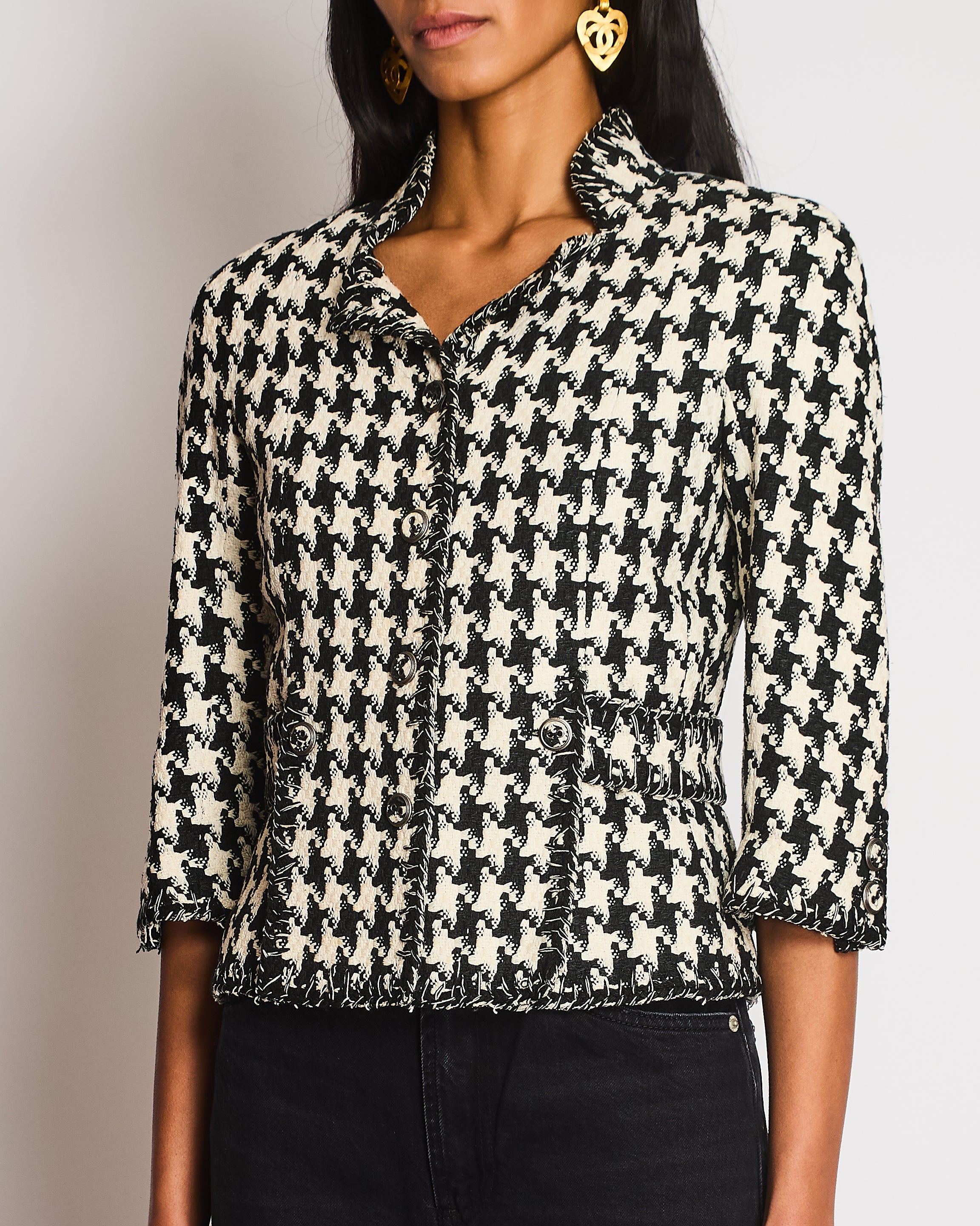 Chanel 08P Houndstooth Beige and Black Tweed Jacket With 3/4 Sleeves Size FR 36 (UK 8)