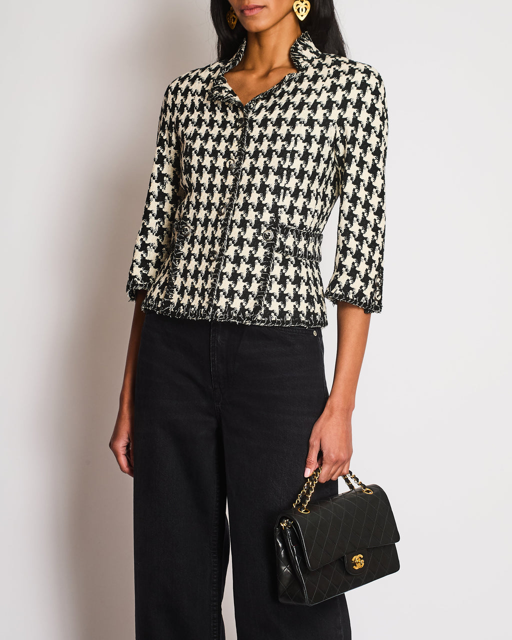 Chanel 08P Houndstooth Beige and Black Tweed Jacket With 3/4 Sleeves Size FR 36 (UK 8)