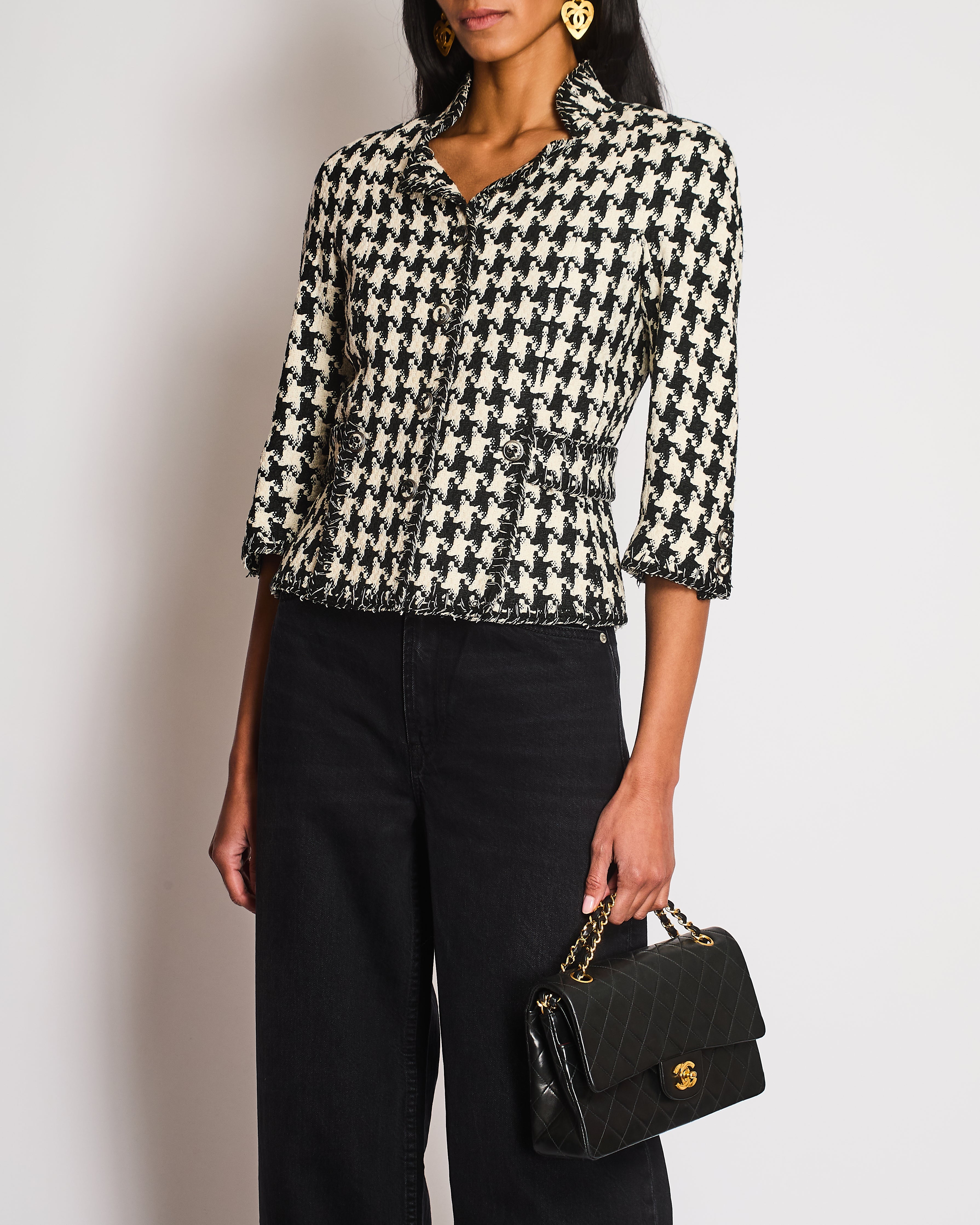 Chanel 08P Houndstooth Beige and Black Tweed Jacket With 3/4 Sleeves Size FR 36 (UK 8)