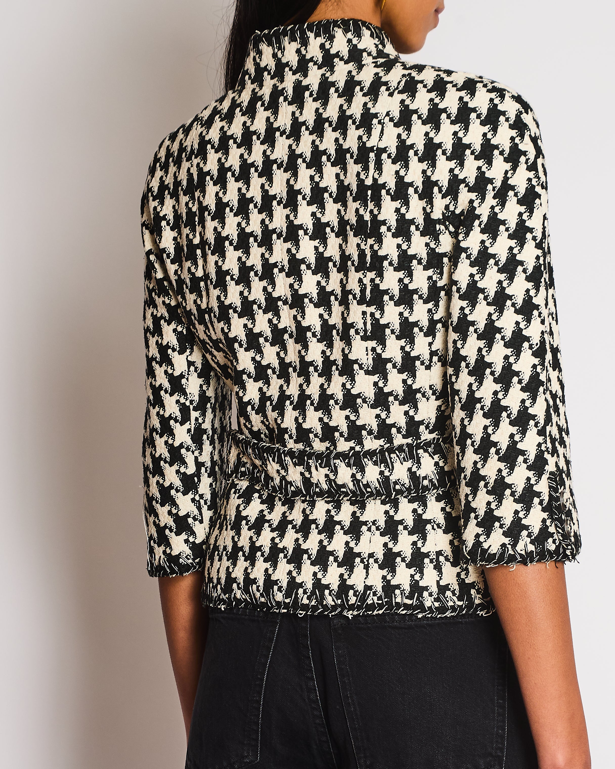 Chanel 08P Houndstooth Beige and Black Tweed Jacket With 3/4 Sleeves Size FR 36 (UK 8)