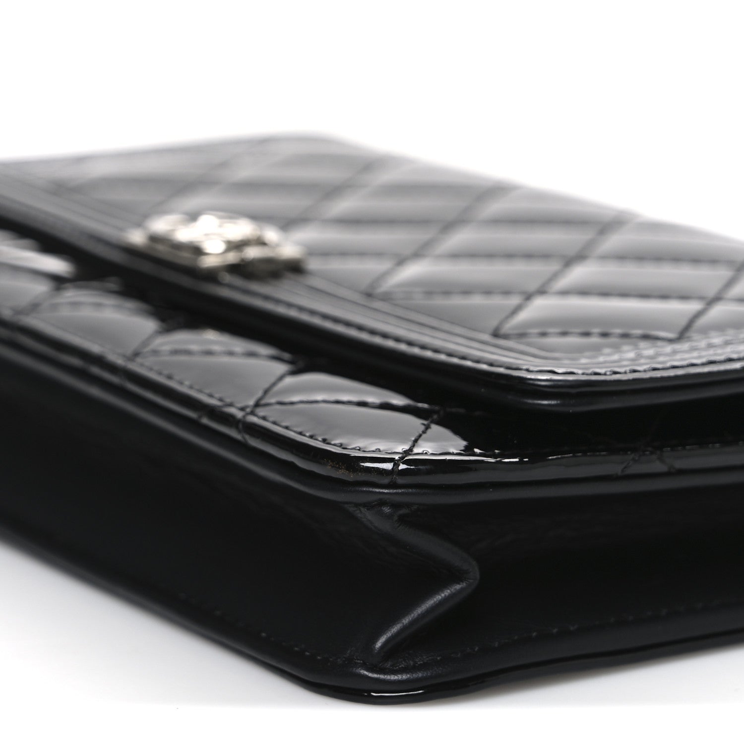 Chanel Patent Calfskin Quilted Boy Wallet On Chain WOC Black