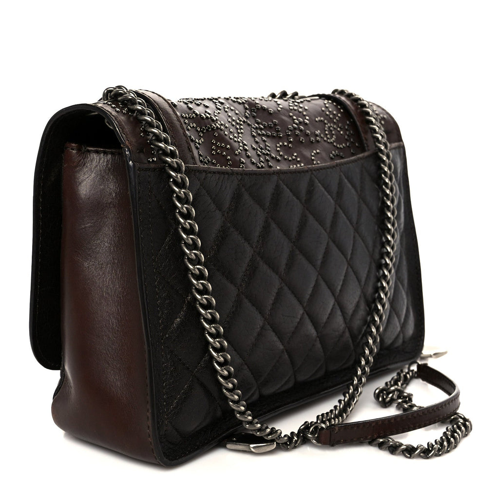 Chanel Calfskin Lambskin Studded Paris Dallas Texan Flap Brown Black