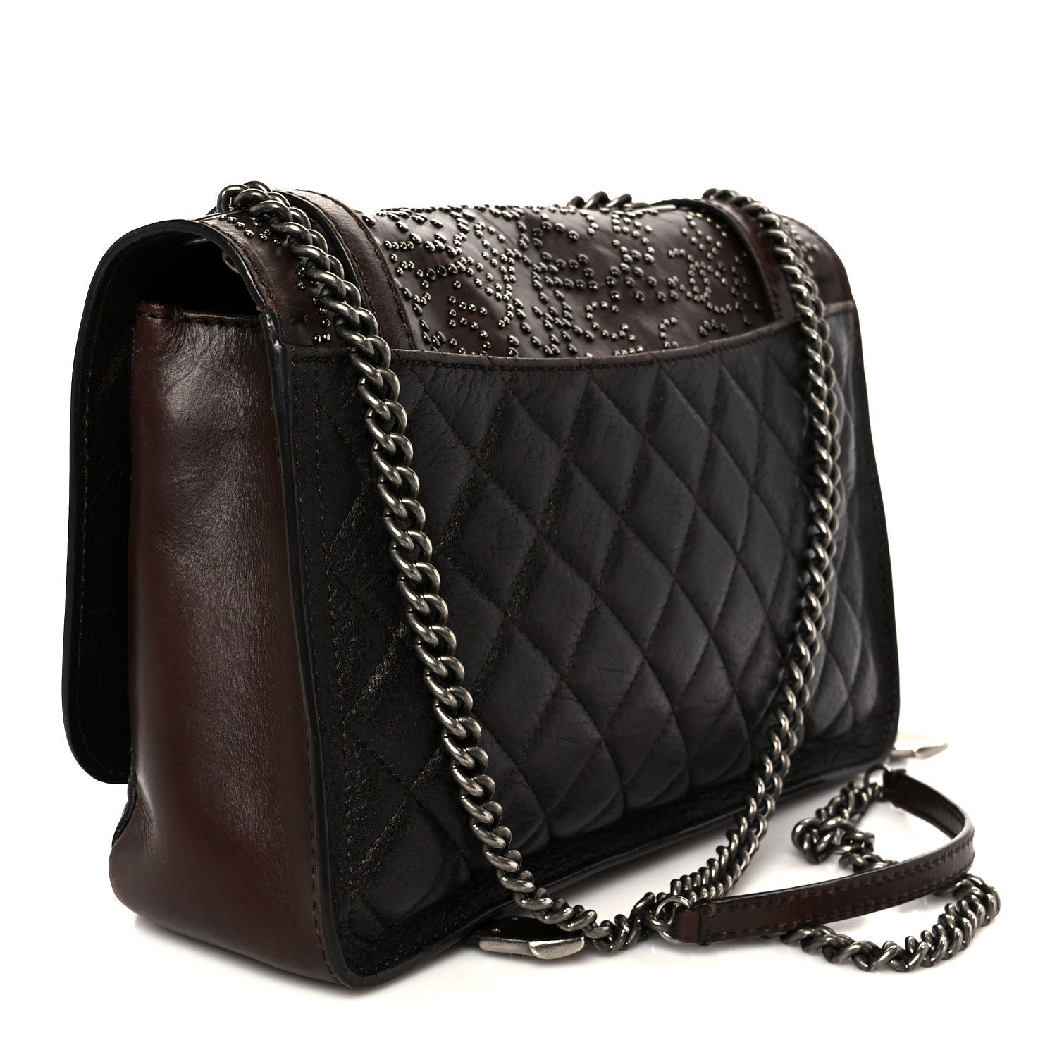 Chanel Calfskin Lambskin Studded Paris Dallas Texan Flap Brown Black