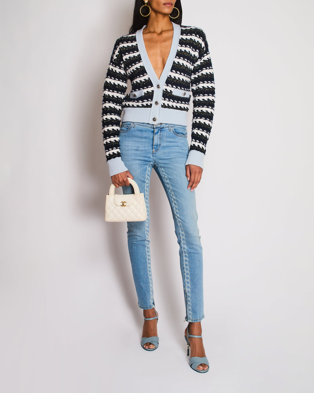 Chanel Spring 2019 Light Blue Skinny Jeans with Chain Print, Back Brown CC Logo Detail and Zips Size FR 34 (UK 6)