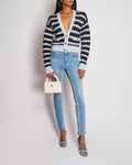 Chanel Spring 2019 Light Blue Skinny Jeans with Chain Print, Back Brown CC Logo Detail and Zips Size FR 34 (UK 6)