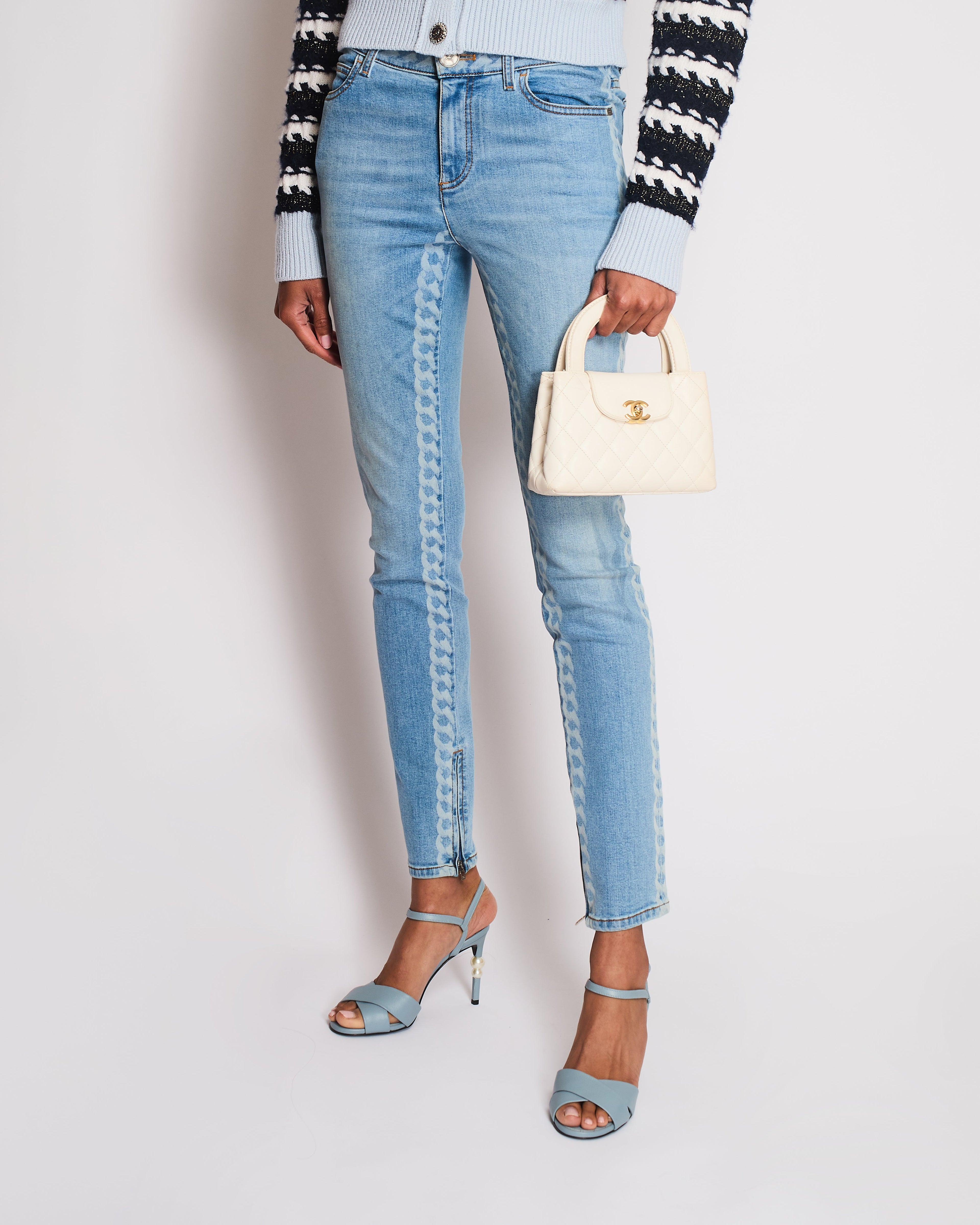 Chanel Spring 2019 Light Blue Skinny Jeans with Chain Print, Back Brown CC Logo Detail and Zips Size FR 34 (UK 6)
