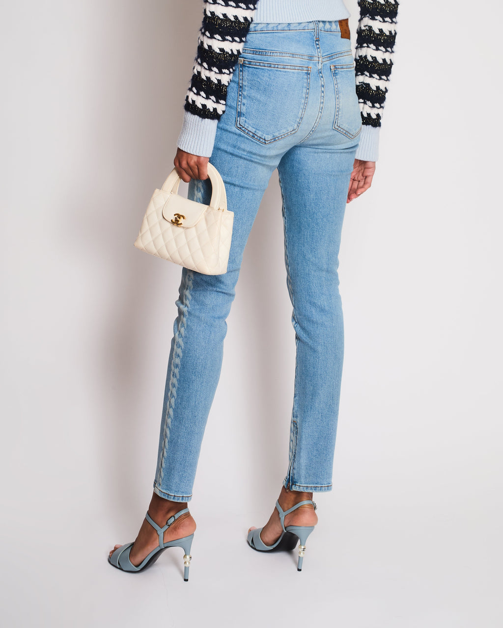 Chanel Spring 2019 Light Blue Skinny Jeans with Chain Print, Back Brown CC Logo Detail and Zips Size FR 34 (UK 6)