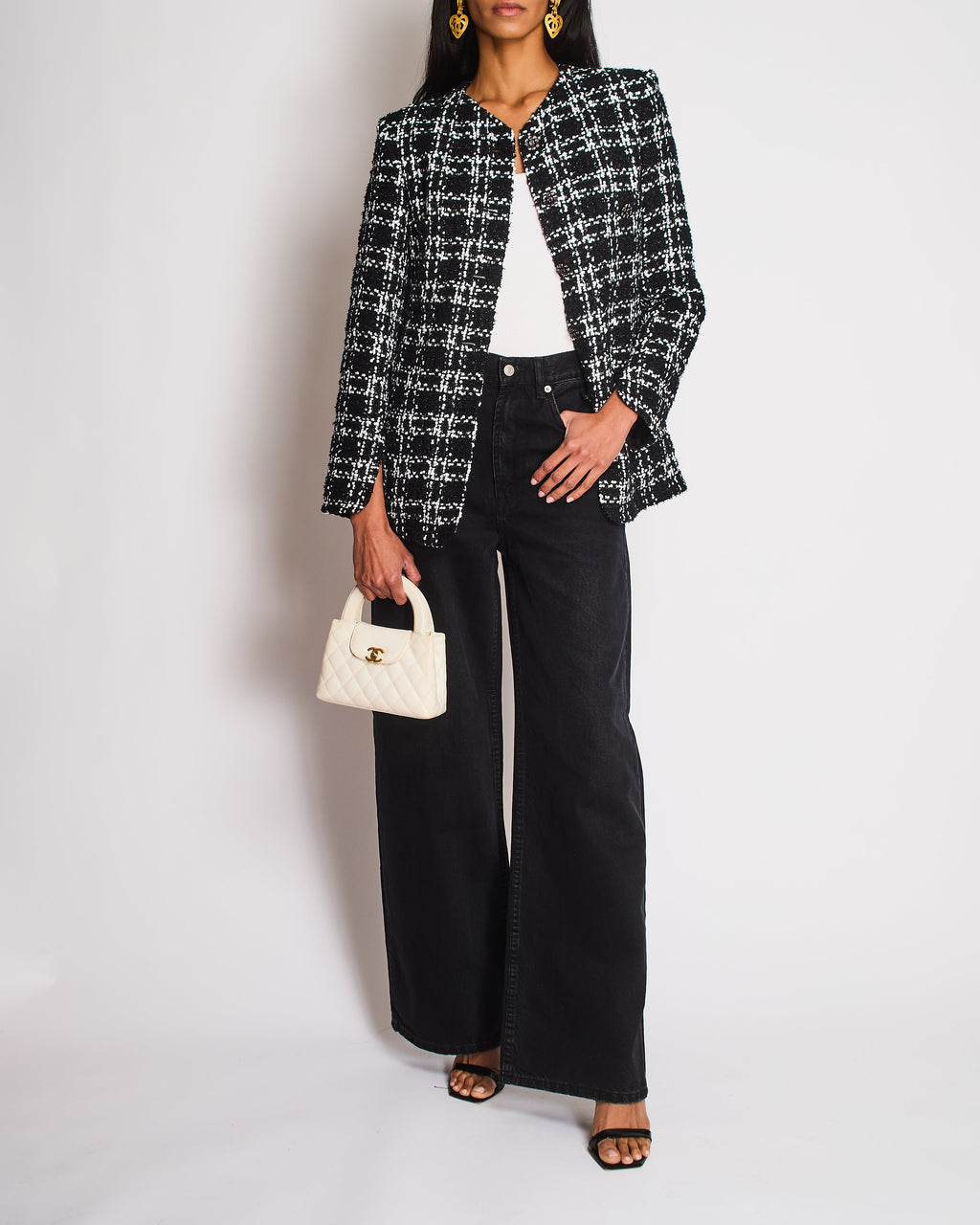 Chanel FW22 Black and White Checkered Tweed Jacket With White Sequins Details Size FR 34 (UK 6)