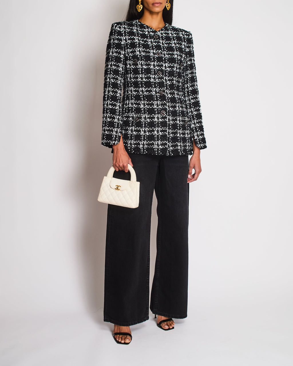 Chanel FW22 Black and White Checkered Tweed Jacket With White Sequins Details Size FR 34 (UK 6)