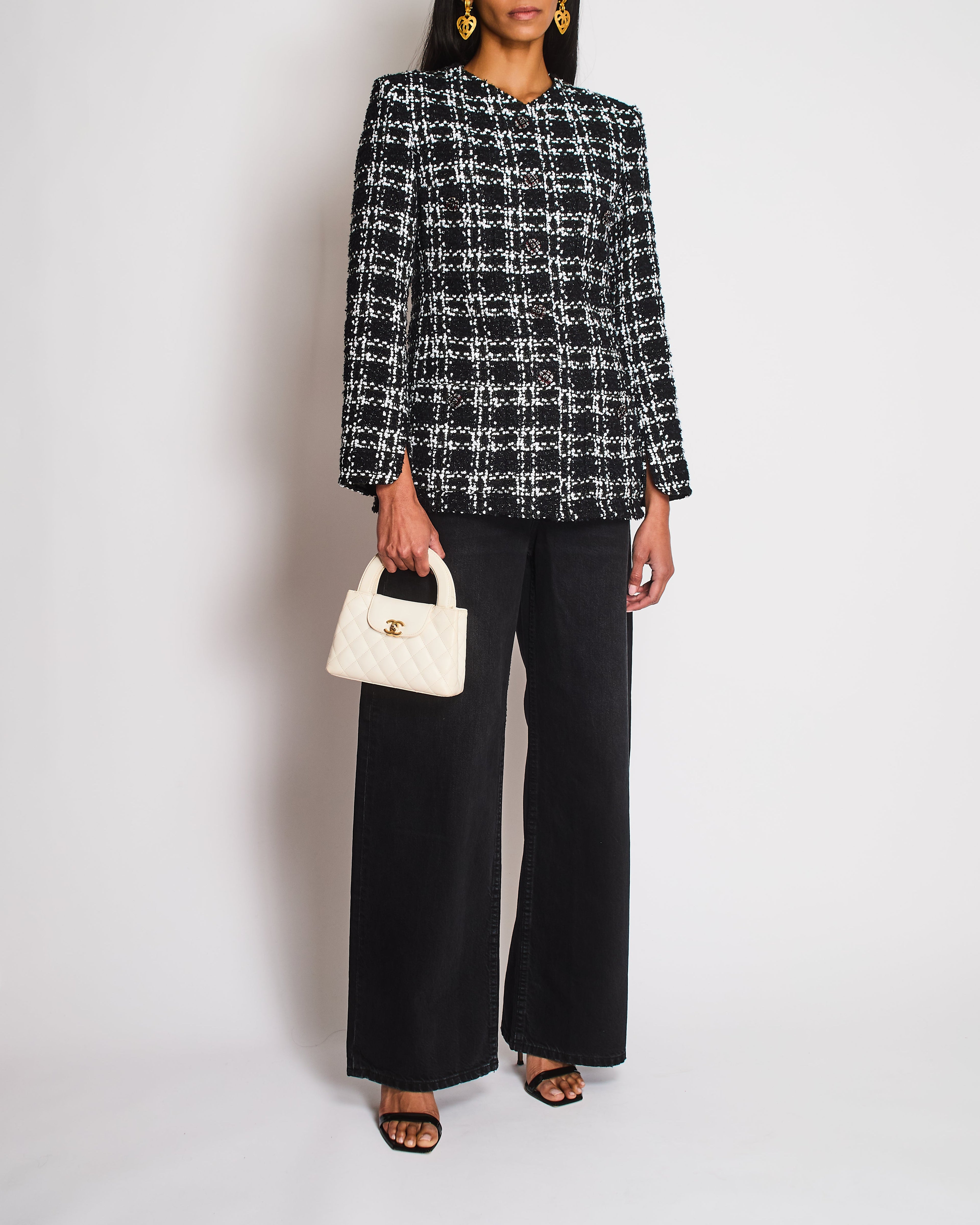 Chanel FW22 Black and White Checkered Tweed Jacket With White Sequins Details Size FR 34 (UK 6)