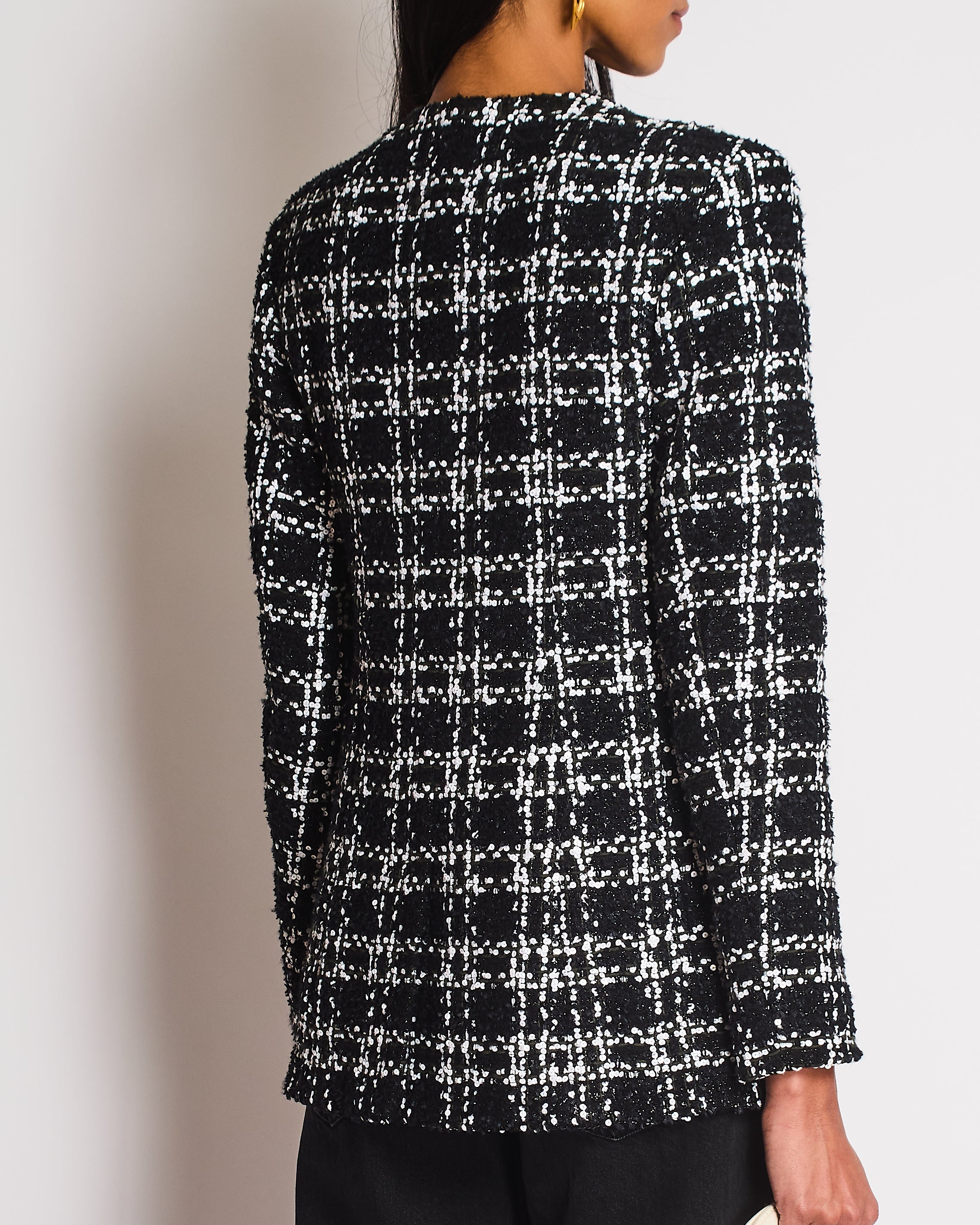 Chanel FW22 Black and White Checkered Tweed Jacket With White Sequins Details Size FR 34 (UK 6)