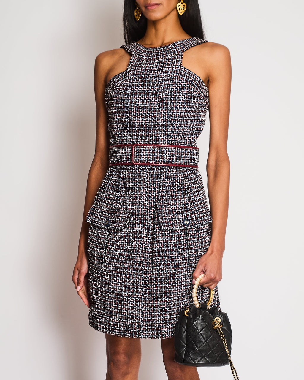 Chanel SS15 Black, Red, Blue and White Tweed Set With Cropped Jacket and Dress With Matching Belt and CC Logo Buttons Details Size FR 36/38 (UK 8/10)