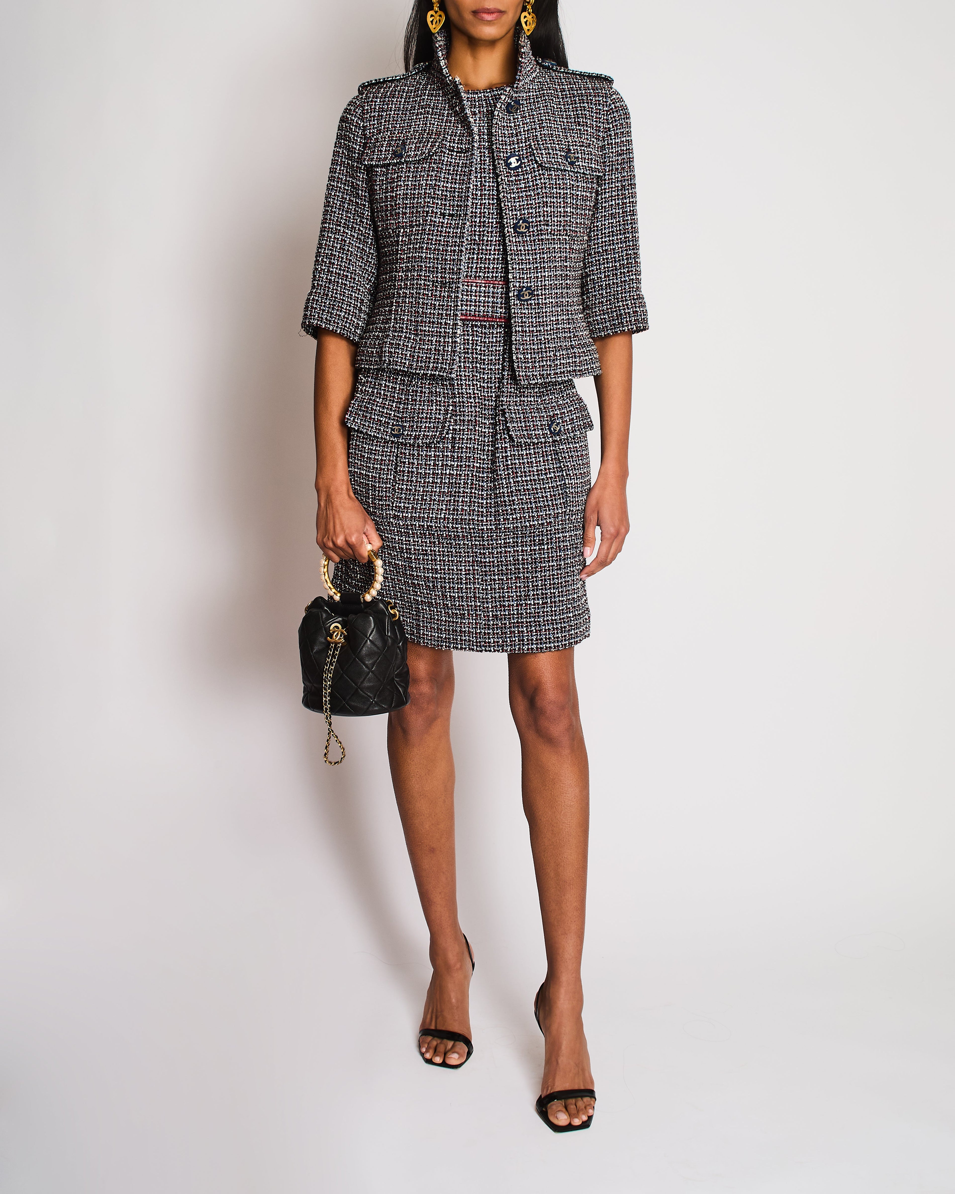 Chanel SS15 Black, Red, Blue and White Tweed Set With Cropped Jacket and Dress With Matching Belt and CC Logo Buttons Details Size FR 36/38 (UK 8/10)
