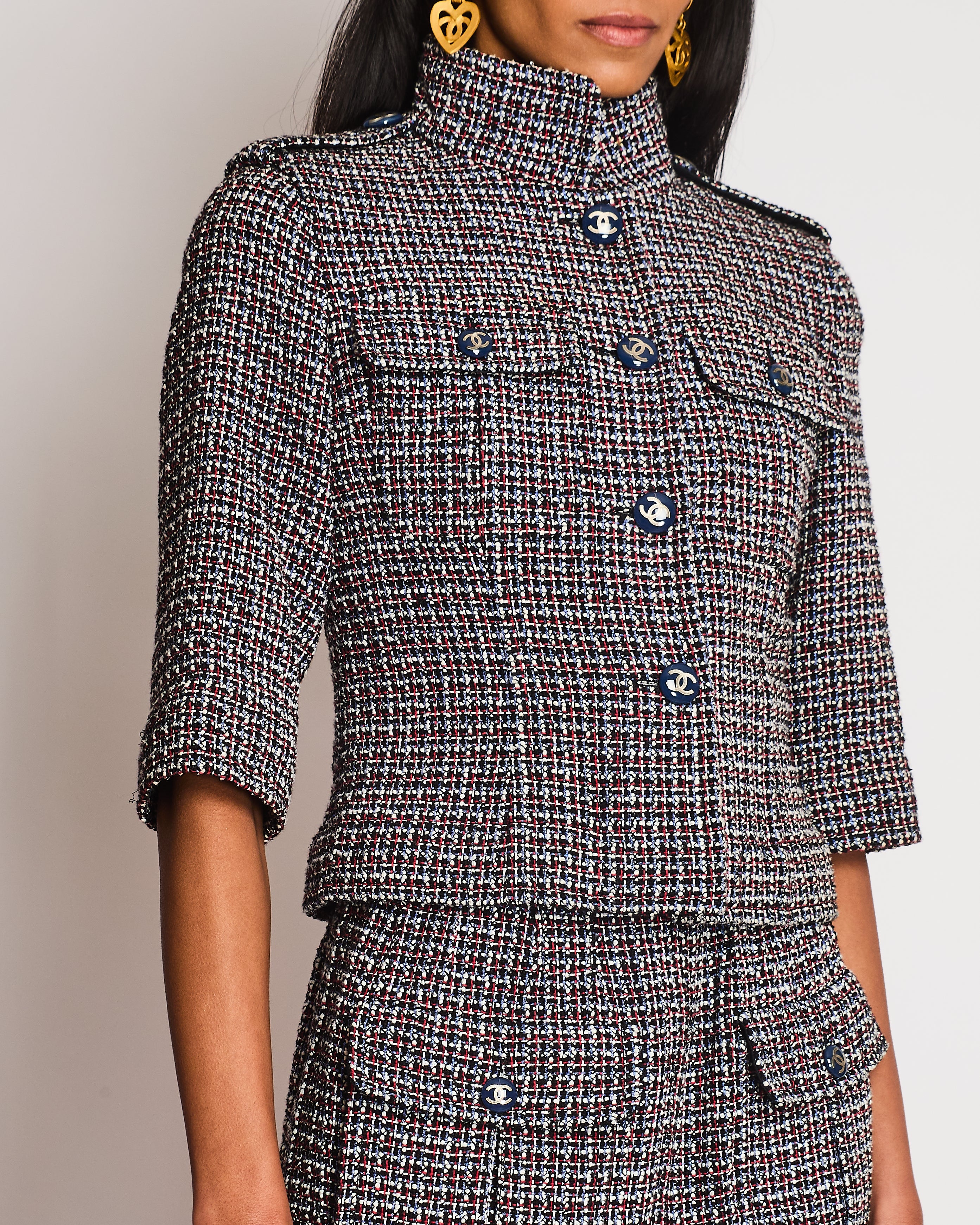 Chanel SS15 Black, Red, Blue and White Tweed Set With Cropped Jacket and Dress With Matching Belt and CC Logo Buttons Details Size FR 36/38 (UK 8/10)