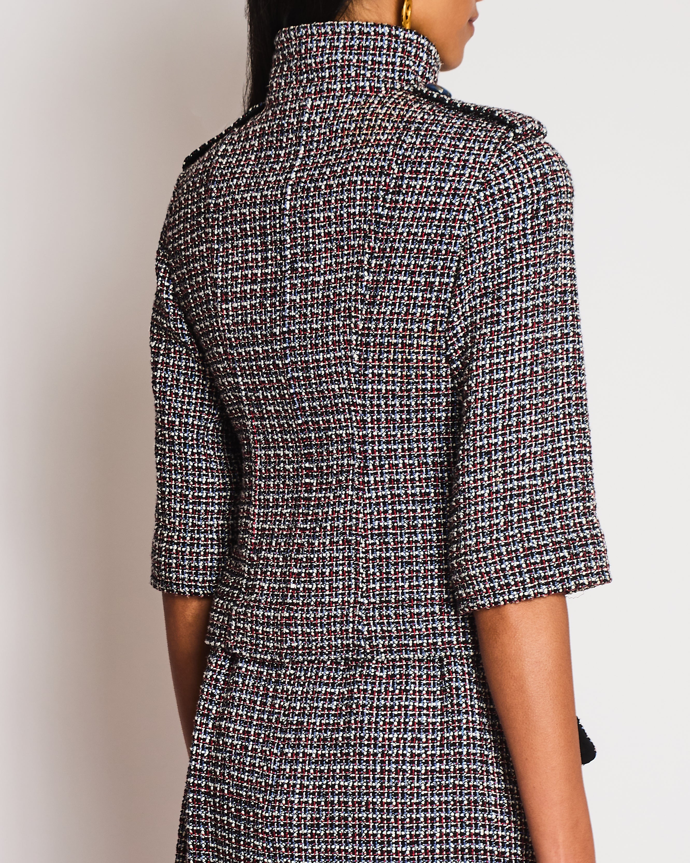 Chanel SS15 Black, Red, Blue and White Tweed Set With Cropped Jacket and Dress With Matching Belt and CC Logo Buttons Details Size FR 36/38 (UK 8/10)