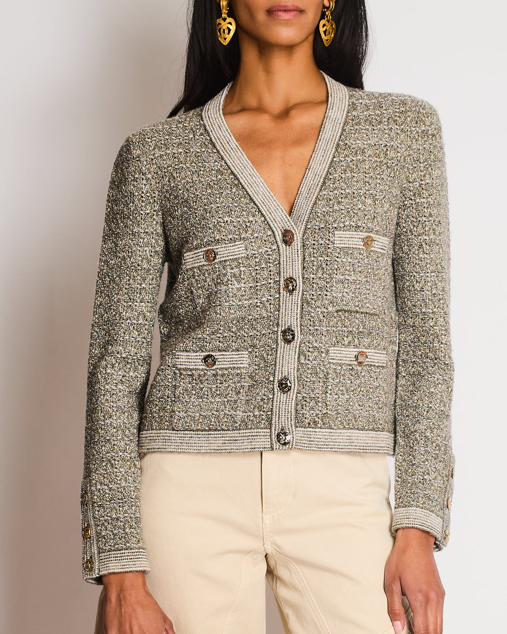Chanel Fall-Winter 25/B Grey Knitted Button Down Cardigan with CC Logo Detail Size FR 36 (UK 8)