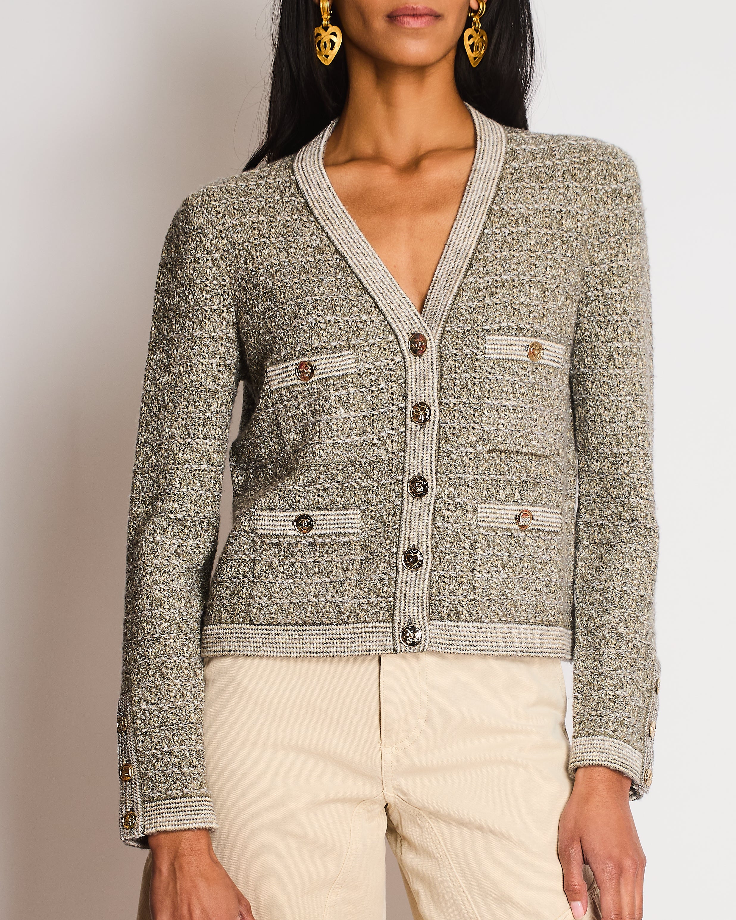 Chanel Fall-Winter 25/B Grey Knitted Button Down Cardigan with CC Logo Detail Size FR 36 (UK 8)