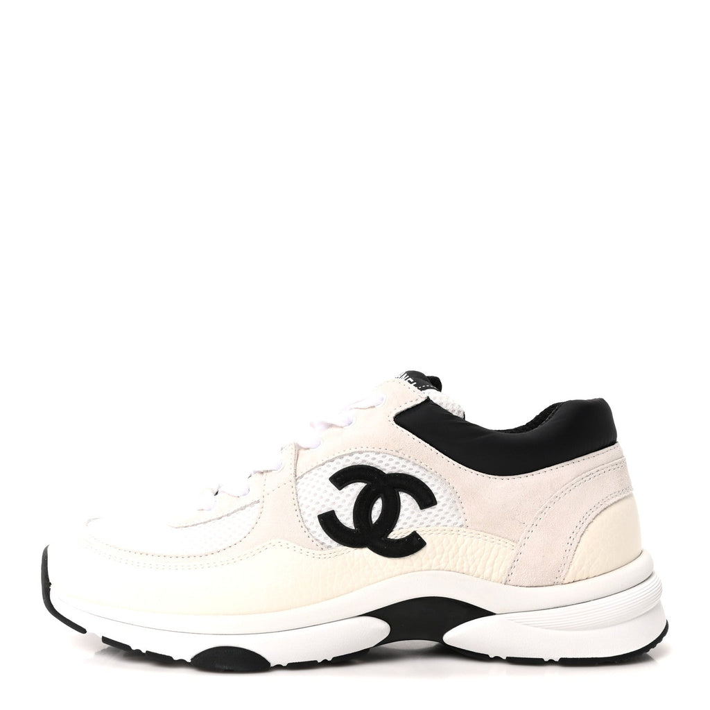 Mesh Suede Grained Calfskin Womens CC Sneakers 42 White Black