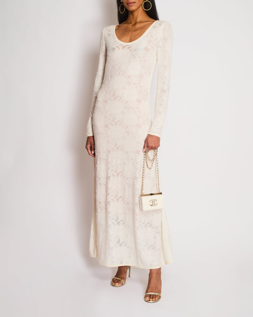 Chanel Cream Long Sleeve Camellia Knitted Maxi Dress Size FR 38 (UK 10)