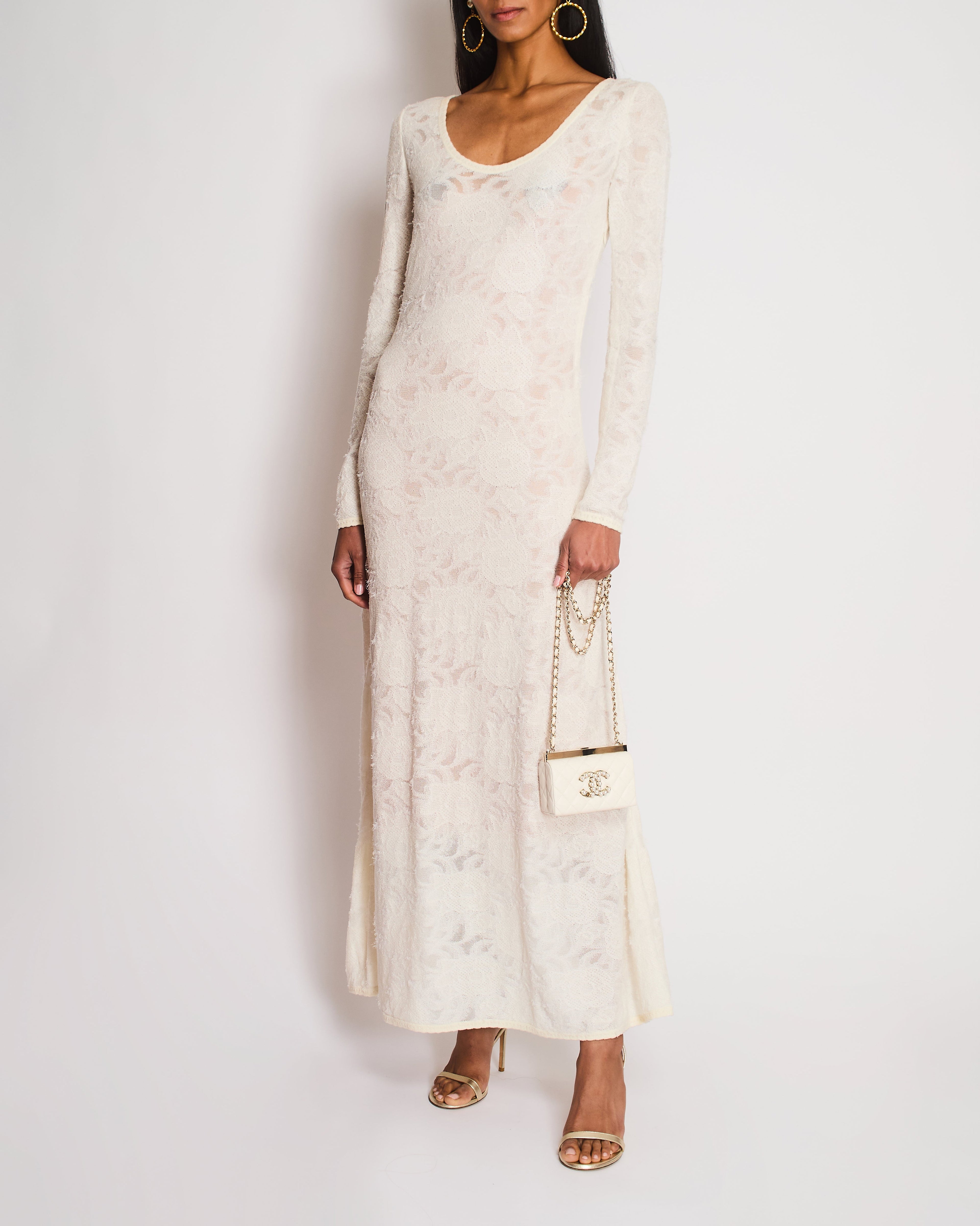 Chanel Cream Long Sleeve Camellia Knitted Maxi Dress Size FR 38 (UK 10)