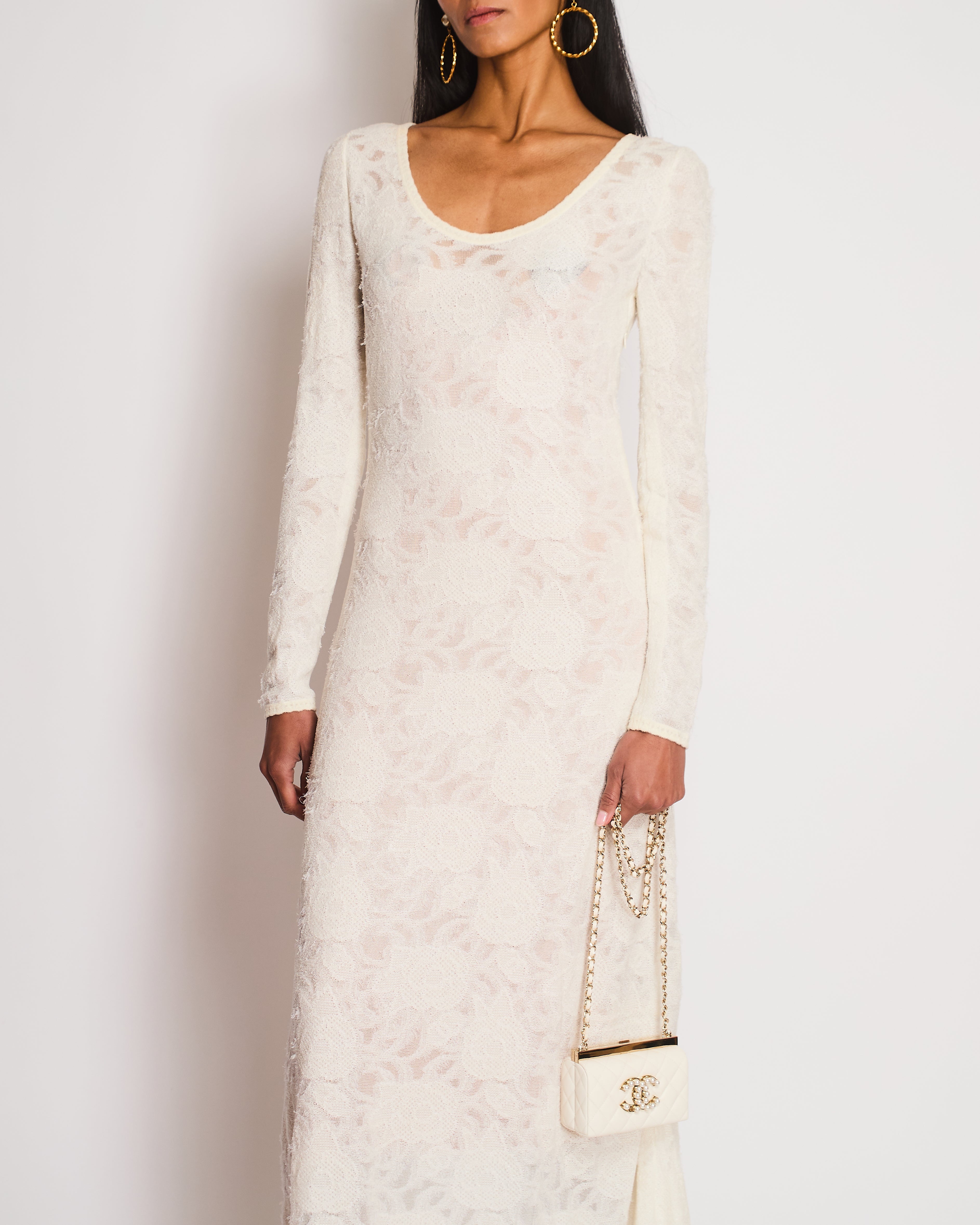 Chanel Cream Long Sleeve Camellia Knitted Maxi Dress Size FR 38 (UK 10)