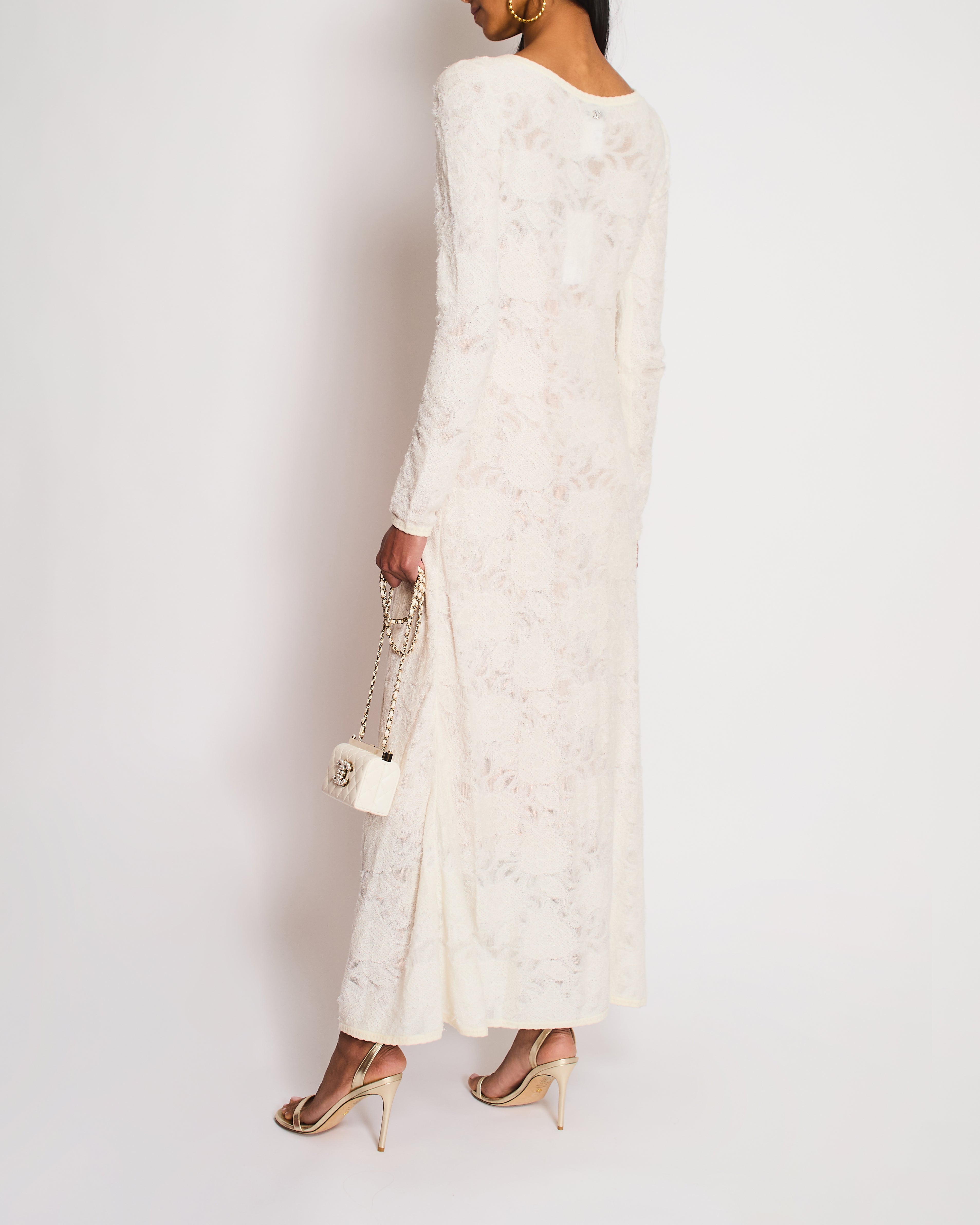 Chanel Cream Long Sleeve Camellia Knitted Maxi Dress Size FR 38 (UK 10)