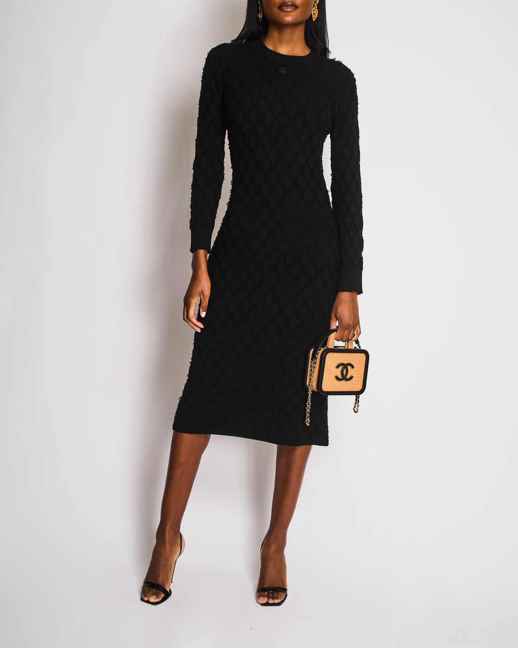 Chanel Black Long Sleeve Quilted Maxi Dress with CC Logo Detail Size FR 38 (UK 10)
