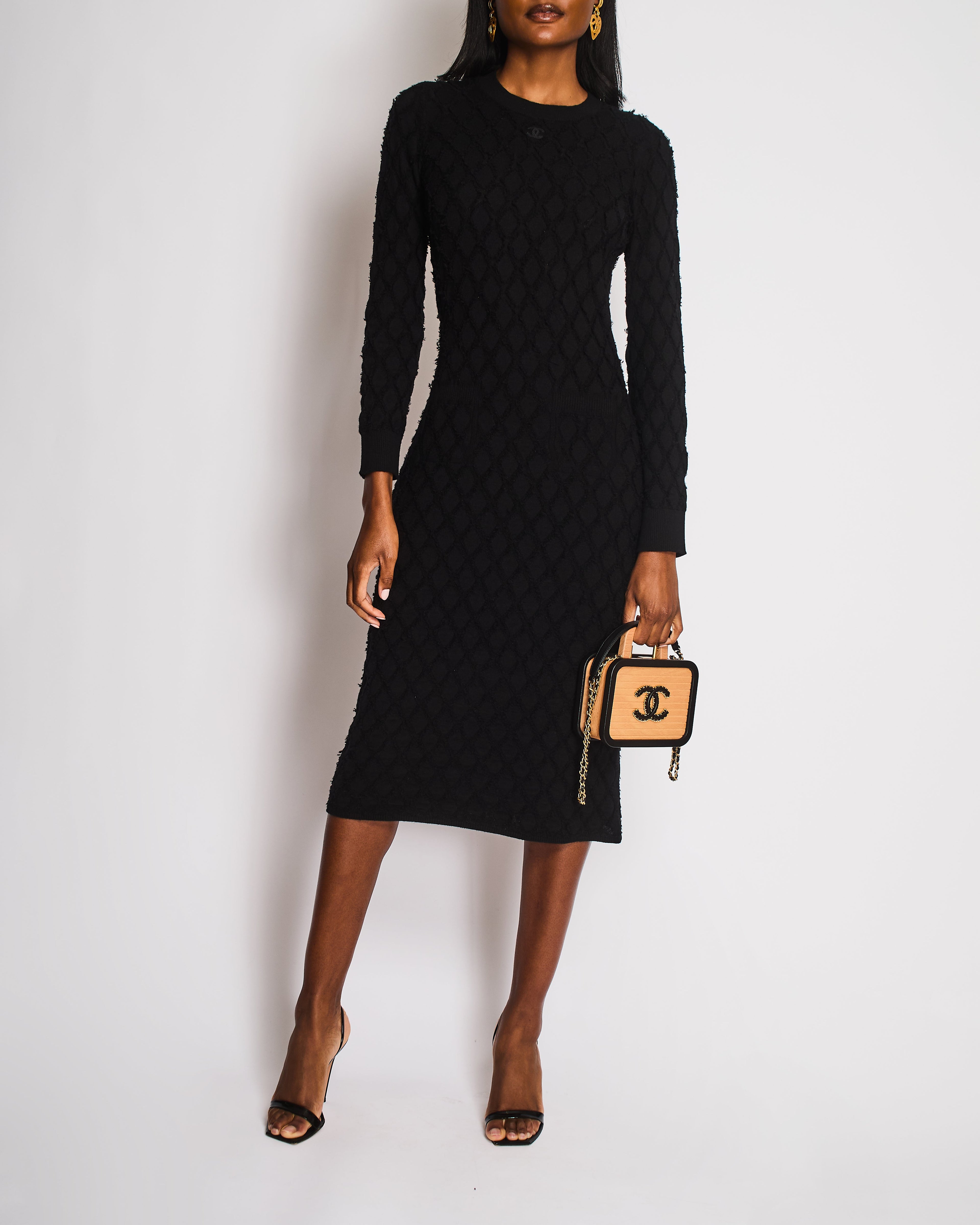 Chanel Black Long Sleeve Quilted Maxi Dress with CC Logo Detail Size FR 38 (UK 10)