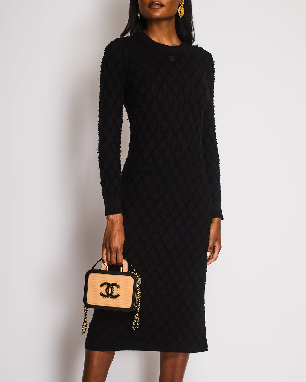 Chanel Black Long Sleeve Quilted Maxi Dress with CC Logo Detail Size FR 38 (UK 10)
